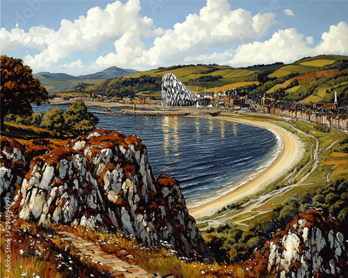Stunning Vector Landscape of Coastal Town with Modern Architecture, Rocky Cliffs, Sandy Beach, and Rolling Hills Under a Vibrant Blue Sky with Fluffy Clouds