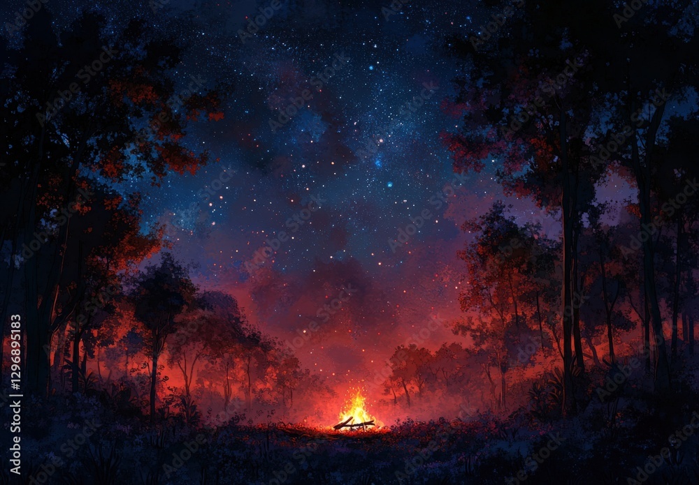 Fototapeta premium A group sits around a campfire under a starry sky