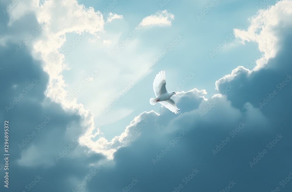 Fototapeta premium Majestic White Dove Gracefully Soaring Through Soft Clouds with Sunlight Breaking Through a Turquoise Sky