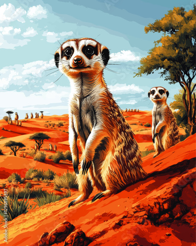 Vibrant Vector Illustration of Meerkats in African Savannah with Blue Sky and Acacia Trees - Wildlife Art, Nature Scene, Animal Group in Natural Habitat