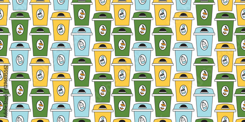 Tiling seamles pattern with sorting trash bins for cans, glasses and food. Colourful garbage containers