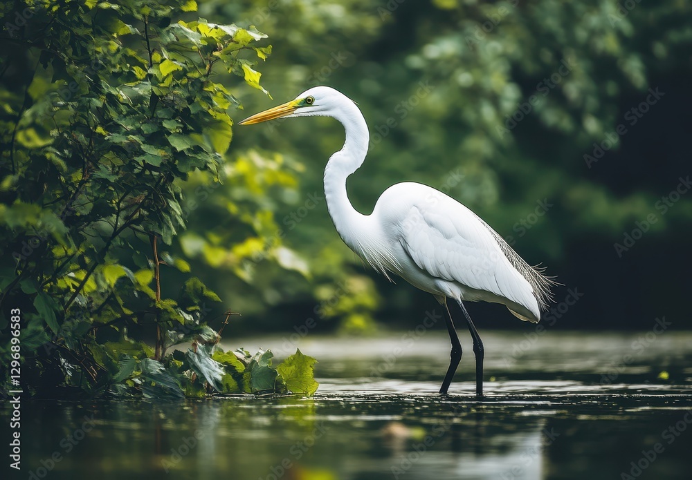 Fototapeta premium Elegant white heron standing gracefully in serene waters surrounded by lush green foliage, showcasing nature's beauty in a tranquil environment