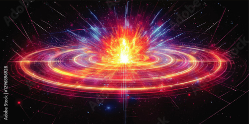 Vivid Cosmic Explosion Vector Art: Awe-Inspiring Bright Light Burst, Neon Energy Waves, and Starry Galaxy Background – Perfect for Science and Space Enthusiasts