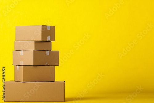 Photo of a stack of cardboard boxes on a yellow background photo