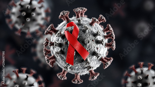 Detailed image of a HIV virus, showcasing the envelope proteins and viral RNA strands, ideal for AIDS research