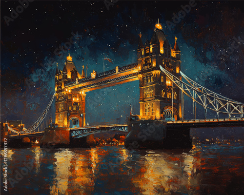 Majestic Tower Bridge At Night: Captivating Vector Art of London's Iconic Landmark Illuminated Over the Thames River, Capturing the Essence of the Cityscape