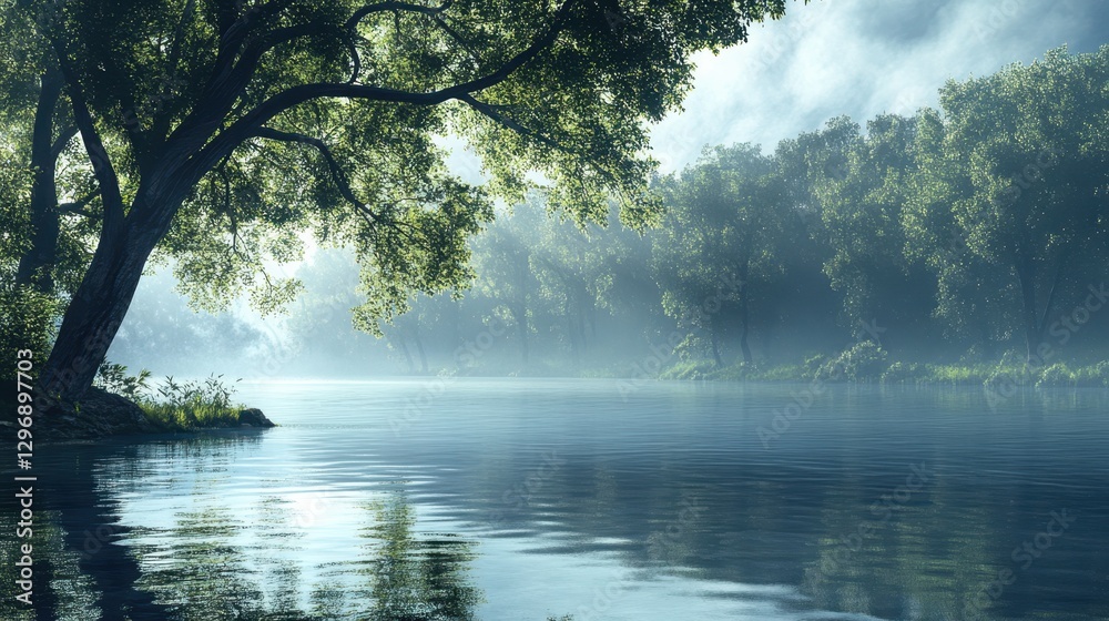 Naklejka premium Serene Morning Mist Over Tranquil Forest Lake Inviting Reflection and Calm
