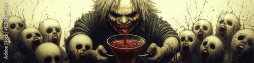 Dark Vector Art of Sinister Figure Pouring Red Liquid Surrounded by Creepy Skulls of Clowns in Eerie Scene with Blood and Mystical Iconography