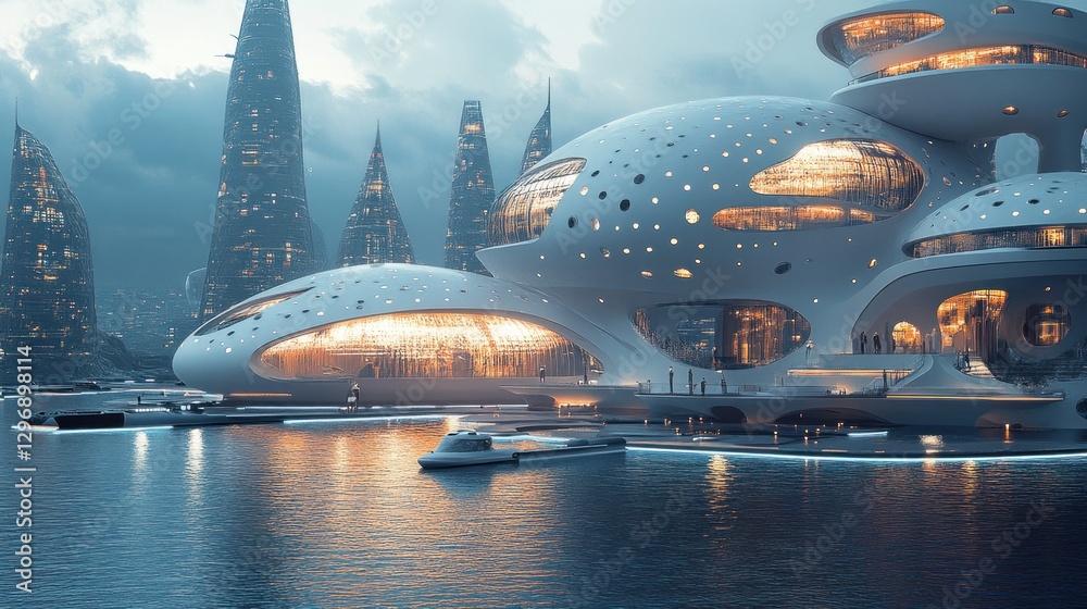 Fototapeta premium Futuristic city waterfront, evening, glowing buildings, watercraft