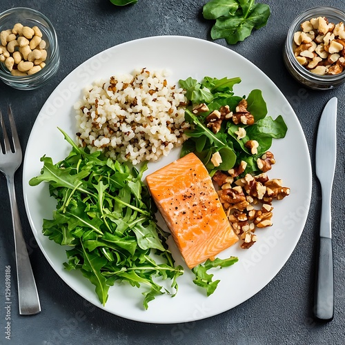 Casual dining healthy salmon salad with brown rice in modern top-down food photography