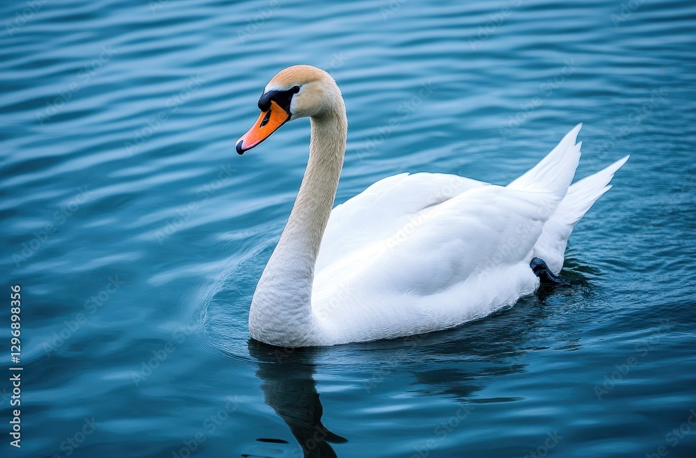 Elegant White Swan Gracefully Gliding on Calm Blue Water Surface in a Serene Natural Setting Under Bright Daylight Elegant White Swan Gracefully Gliding on Calm Blue Water Surface in a Serene Natural Setting Under Bright Daylight