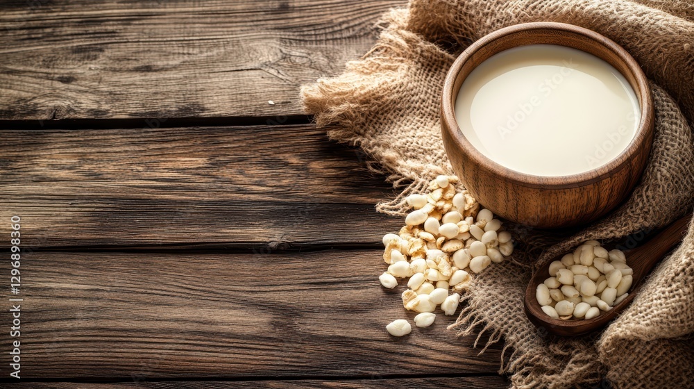 Naklejka premium Rustic Setting of Fresh Milk in Wooden Bowl with Rolled Oats on Burlap