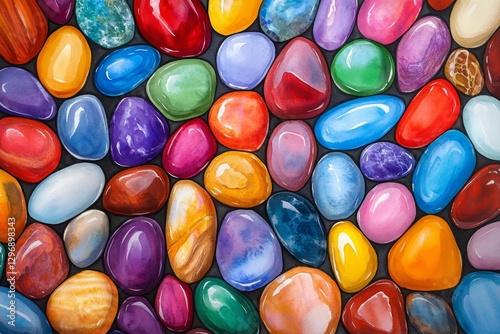 A watercolor painting of colorful gemstones arranged artistically