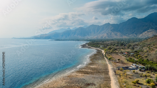 Scenic landscape with sea and mountains in Pemuteran, Bali photo