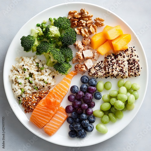 Healthy food plate with salmon broccoli and fruits kitchen food photography bright nutritional concept