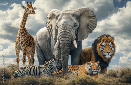 Majestic Wildlife Gathering in Natural Habitat Featuring Elephant, Giraffe, Lions, Tigers, and Zebras Under Dramatic Cloudy Sky