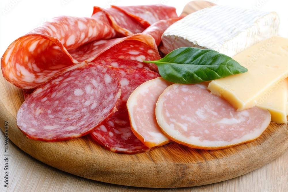 A wooden table filled with different cured meats, salami, prosciutto, and cheeses A wooden table filled with different cured meats, salami, prosciutto, and cheeses