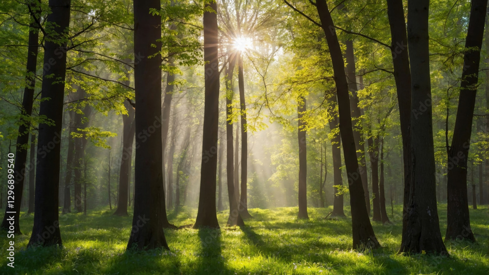 Obraz premium Sunlight streams through the forest canopy, creating a serene and idyllic woodland scene.