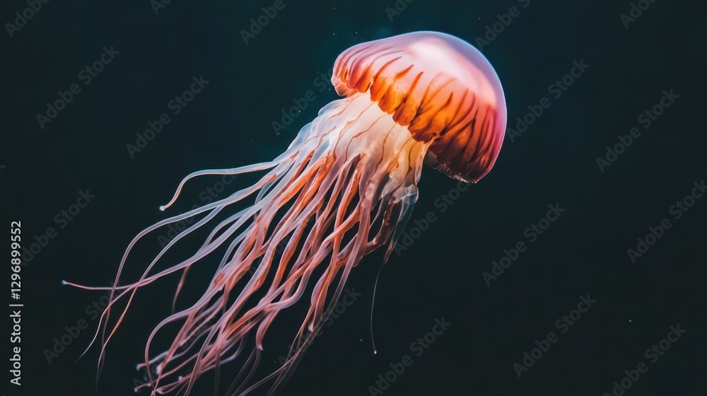 Majestic Drift. Close-Up of Vibrantly Colored Jellyfish in Deep Blue Ocean Waters Majestic Drift. Close-Up of Vibrantly Colored Jellyfish in Deep Blue Ocean Waters