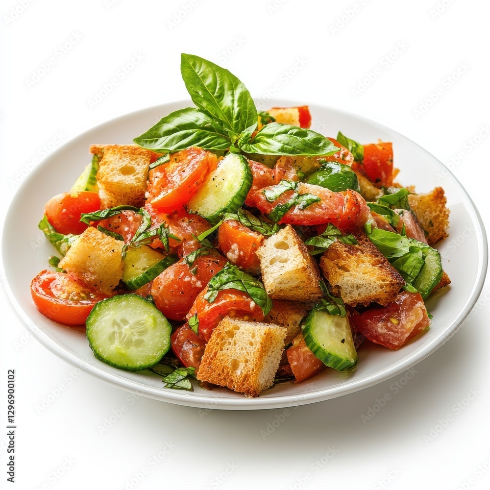 Highresolution photorealistic Panzanella Salad with fresh ingredients on white plate Highresolution photorealistic Panzanella Salad with fresh ingredients on white plate