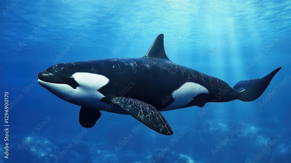 Majestic Orca Gliding Elegantly Through Sunlit Waters of Deep Blue Ocean Majestic Orca Gliding Elegantly Through Sunlit Waters of Deep Blue Ocean