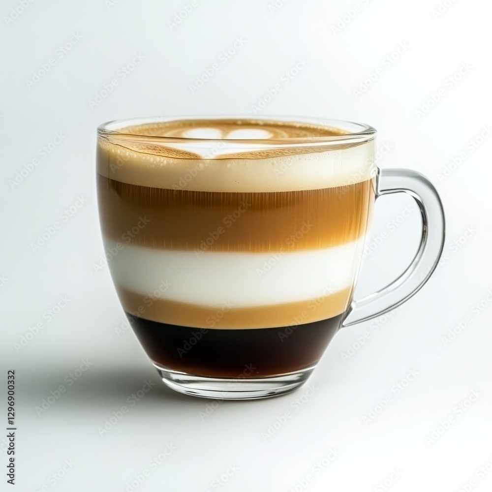 Layered Coffee Delight: A Glass Mug Showcasing a Beautiful Coffee with Creamy Layers on a Clean White Backdrop. Layered Coffee Delight: A Glass Mug Showcasing a Beautiful Coffee with Creamy Layers on a Clean White Backdrop.