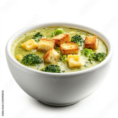 Photorealistic broccoli cheddar soup with croutons in high resolution