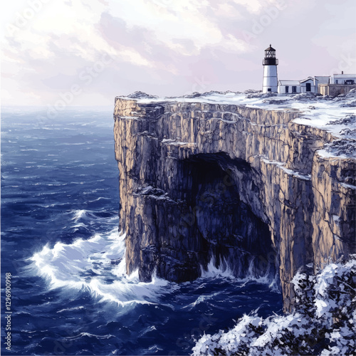 Majestic Coastal Cliffs with Lighthouse Overlooking Ocean Waves in Vector Art – Stunning Seaside Landscape Illustration, Perfect for Nautical Wall Decor