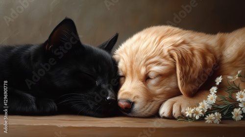 A heartwarming scene of a sleeping golden puppy and black kitten cuddled together, radiating warmth and calmness in a serene environment, showcasing the beauty of friendship.