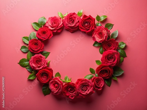 Valentine's Day Pink Rose Circle Frame, Romantic Floral Background, Copy Space for Text and Design