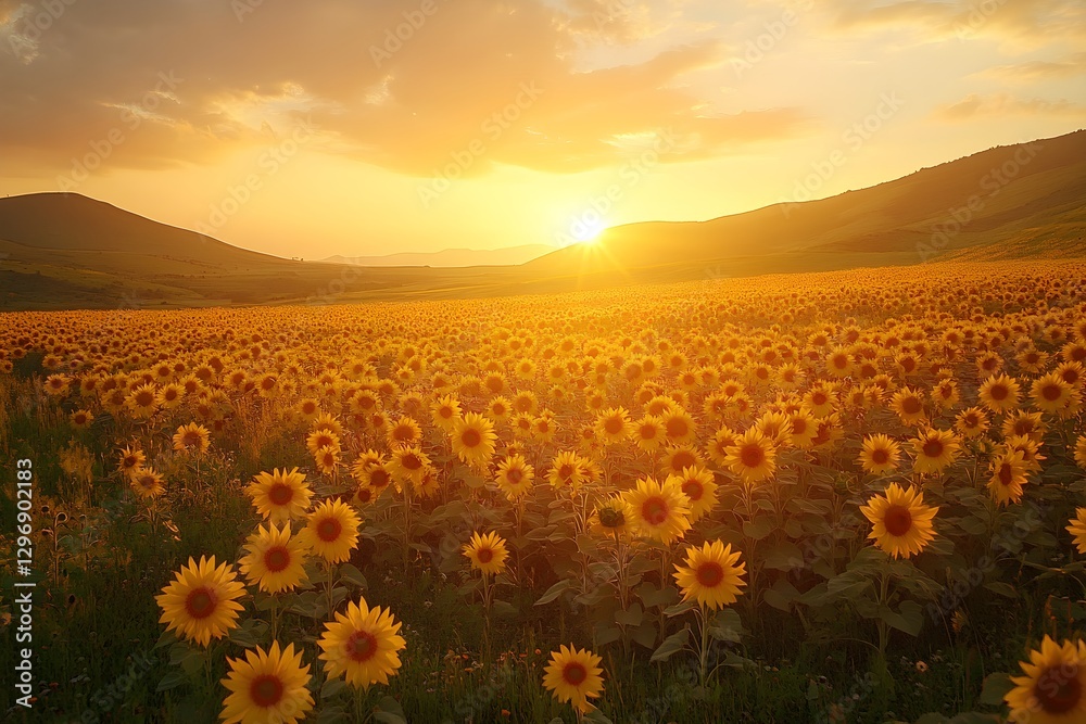 Fototapeta premium Golden Sunflower Field at Sunset for Seasonal Greeting Cards – Generative AI