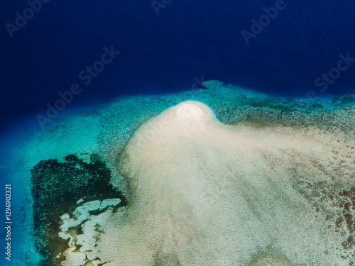 Drone view of seascape with coral reef and sandbank island in blue ocean in Bali