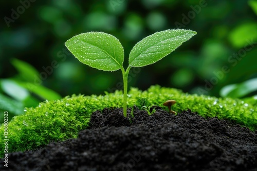 Delicate seedling emerging from dark soil, surrounded by lush gr