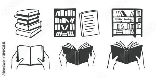 Line Art Book Icons Grid Featuring Open Books Stacks Bookshelves and Reading Themes.