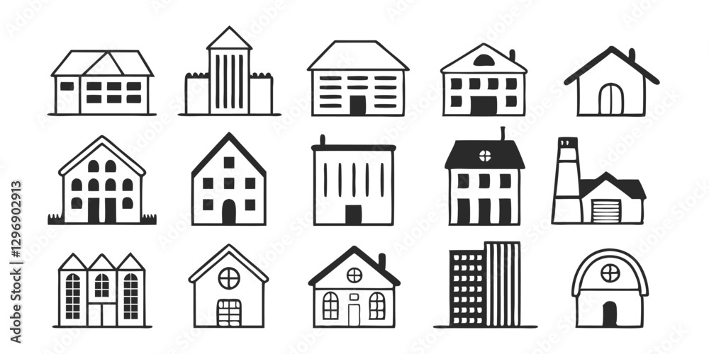 Adobe IlluLine Art Building Icons Grid Featuring Houses Commercial Buildings Factories Churches and Hotelsstrator Artwork.
