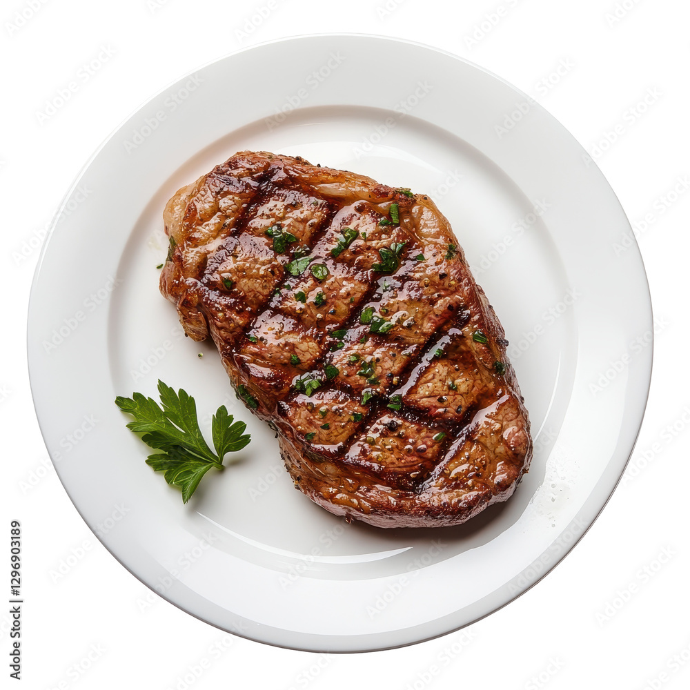 Grilled Steak Portion on White Plate Garnished with Parsley Grilled Steak Portion on White Plate Garnished with Parsley