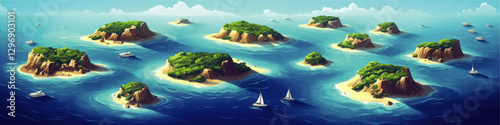 Beautiful Vector Art of Lush Green Islands in Serene Ocean with Sailboats and Yachts Navigating Clear Blue Waters Under Bright Sky – Scenic Illustration for Travel Inspiration