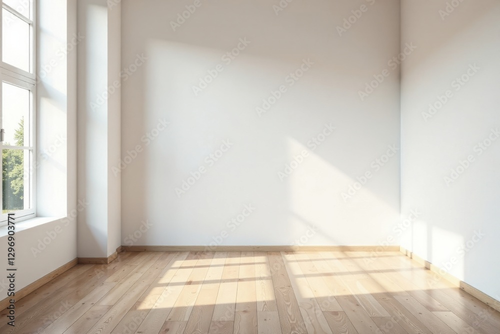 Sunlight Illuminates an Empty Room with Light Wood Flooring and a Single Window Offering a Peaceful and Serene Atmosphere Sunlight Illuminates an Empty Room with Light Wood Flooring and a Single Window Offering a Peaceful and Serene Atmosphere
