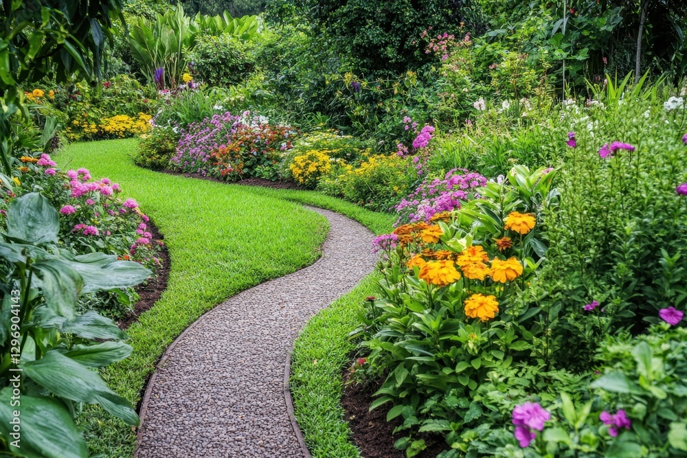 Winding Pathway through a Lush Flower Garden. A Serene and colorful escape amidst blooming flora and greenery creates a peaceful haven. Winding Pathway through a Lush Flower Garden. A Serene and colorful escape amidst blooming flora and greenery creates a peaceful haven.