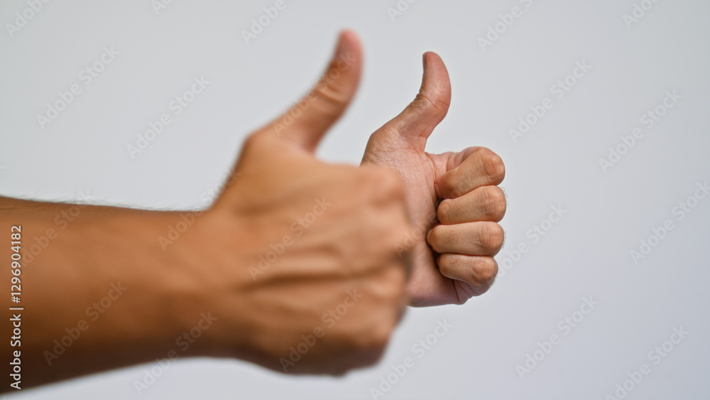 Two hands showing thumbs up against a plain background highlighting approval and positivity by a man Two hands showing thumbs up against a plain background highlighting approval and positivity by a man