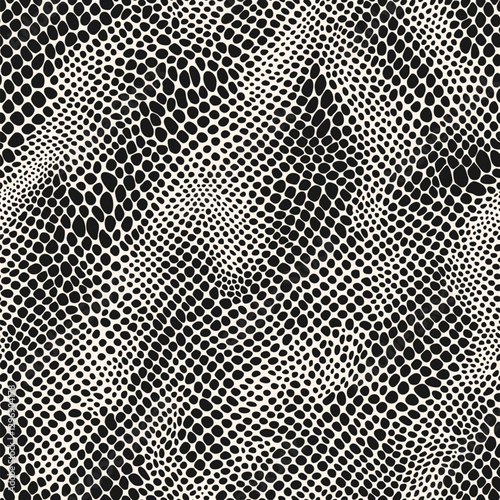 Snake skin seamless pattern. Simple black and white vector background with spots, dots. Animal skin texture, reptile pattern, lizard, cobra, python leather. Fashionable print. Repeated organic design