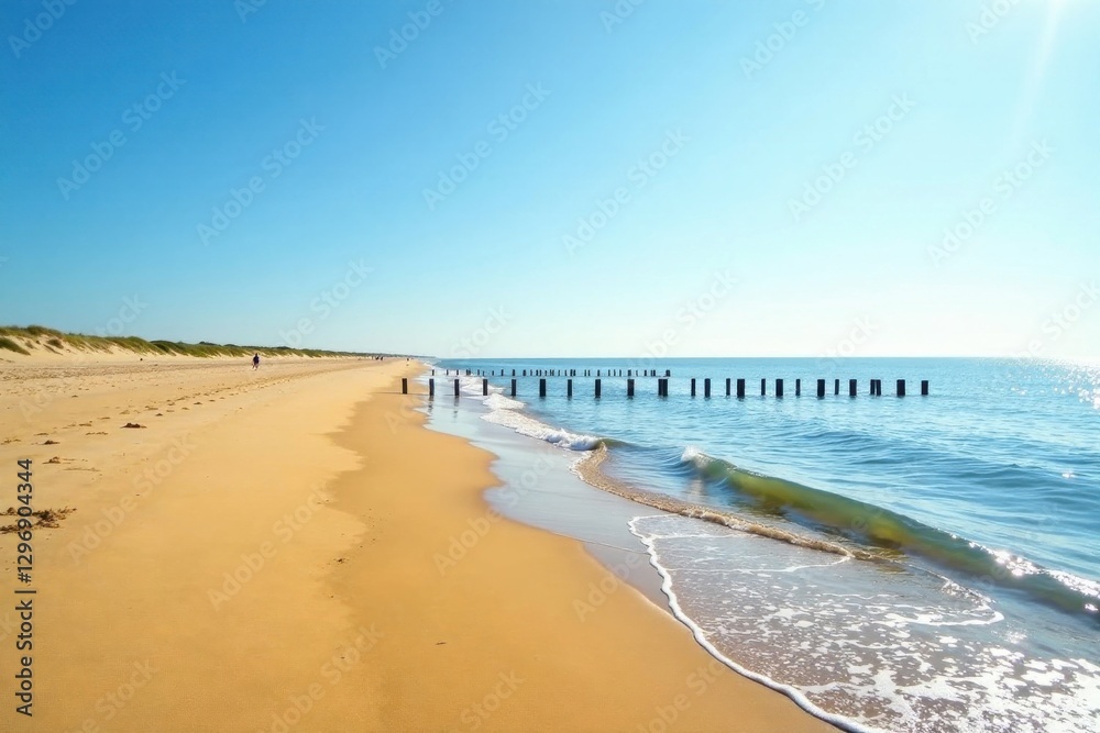 Obraz premium Serene Coastal Scene Golden Sands, Gentle Waves, and Distant Wooden Posts Under a Bright Blue Sky