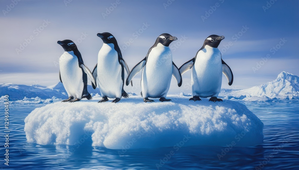 Obraz premium Four Penguins Standing Together on a Snowy Iceberg in a Calm Blue Ocean Under a Clear Sky, Antarctica Wildlife Scene with Glacial Background
