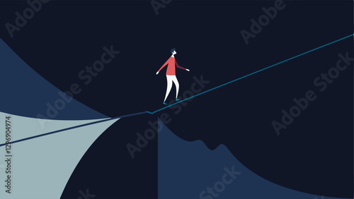Tightrope Walker A person walking on a tightrope high above a dark abyss looking nervous and unstable representing the precarious nature of being hyperaware.