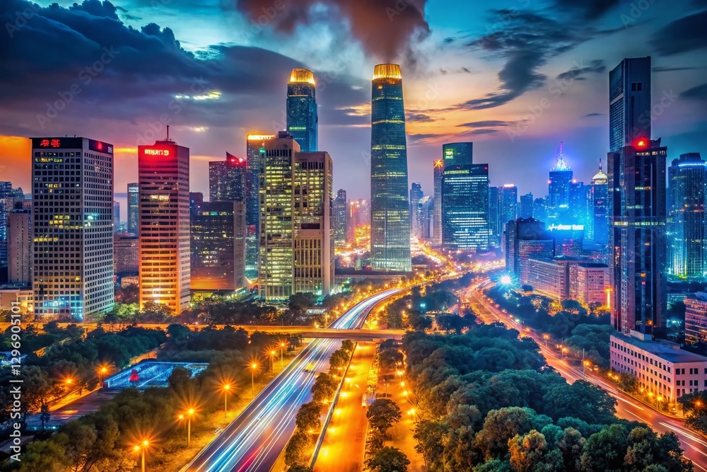 Fototapeta premium Vibrant Beijing Nightscape: Illuminated Skyline & City Lights