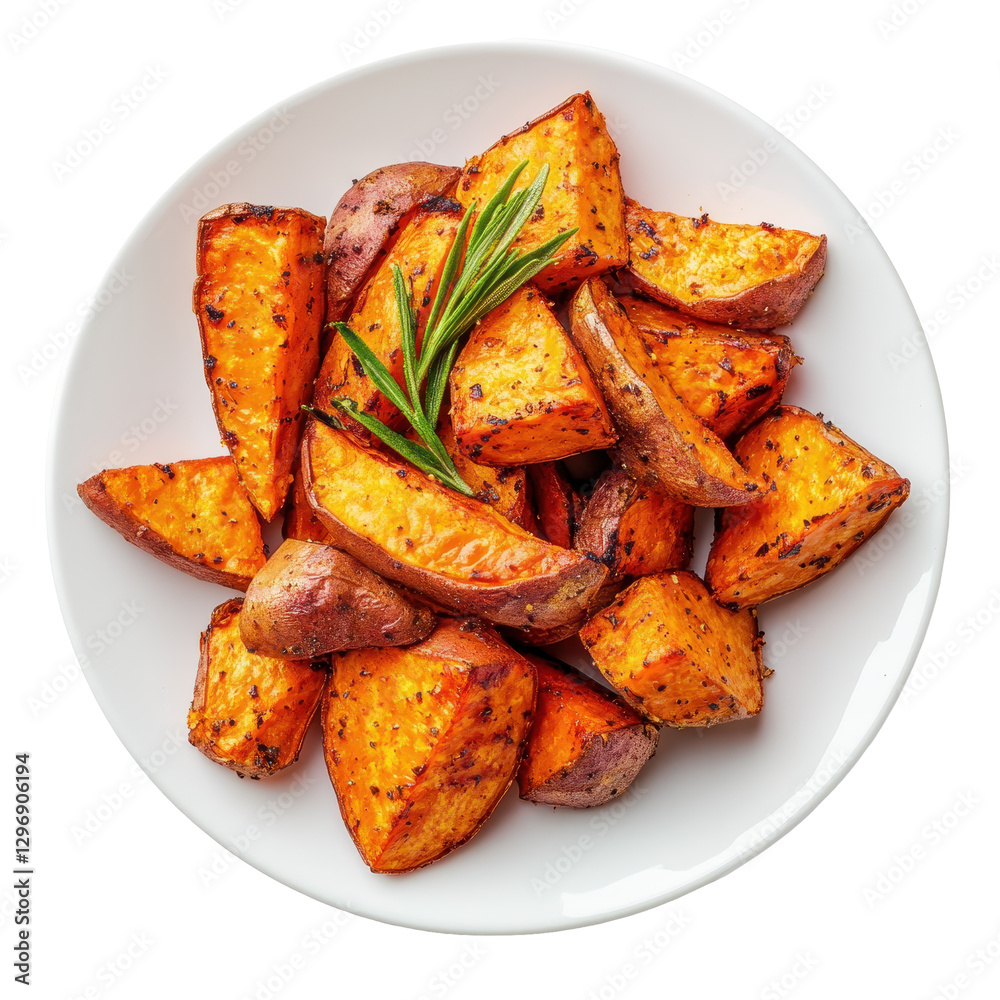 Delicious Roasted Sweet Potatoes on a White Plate Garnished with Herbs Delicious Roasted Sweet Potatoes on a White Plate Garnished with Herbs