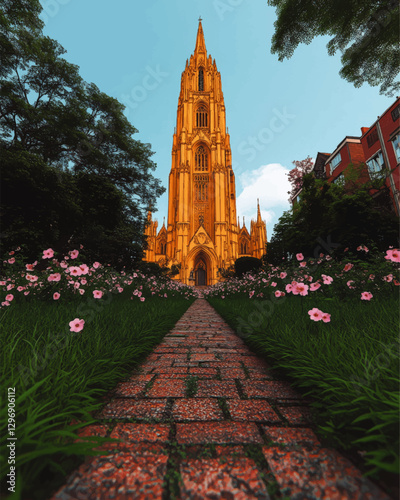 Stunning Vector Art of Gothic Cathedral Tower Amid Lush Greenery with Brick Path and Floral Gardens Under Clear Blue Sky - Architectural Digital Illustration