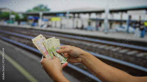 Konstfotografi Man holding romanian leu banknotes at a train station, highlighting travel and finance themes in an outdoor setting