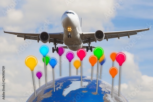 Colorful markers on globe with airplane flying over represent world tourism day celebration. Concept of airplane flying over globe enhances travel inspiration for adventurers photo