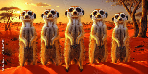 Stunning Meerkats in African Desert at Sunset - Wildlife Vector Illustration with Orange and Yellow Sky, Animals Standing Alert Among Acacia Trees in Savannah